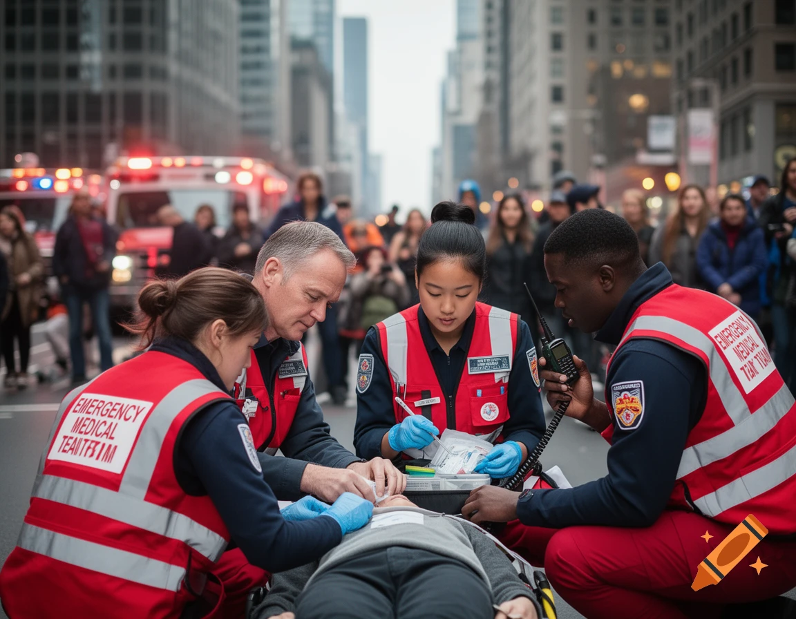 A multi-ethnic emergency medical team in red vests and blue gloves attends to a person lying on the ground in a busy city street, with an ambulance in the background.