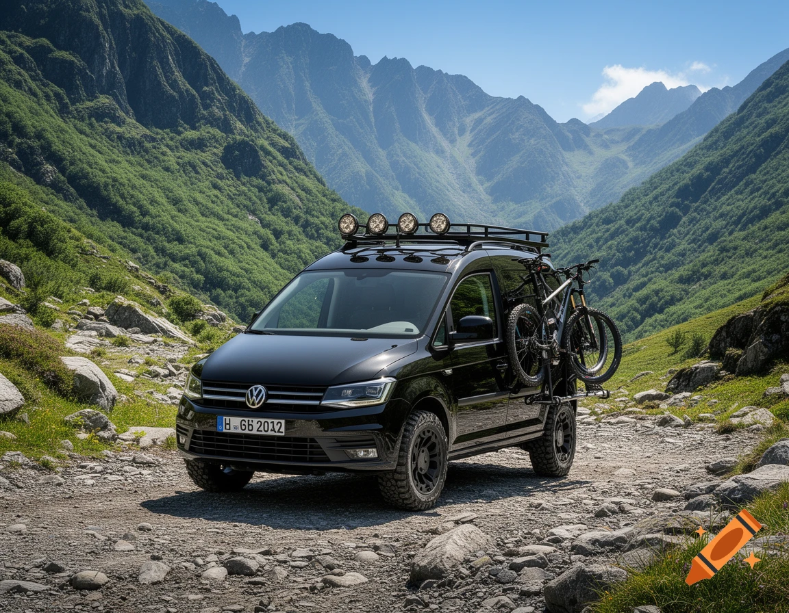 A black offroad VW Caddy with auxiliary lights and mountain bikes attached, parked on a rocky trail amidst lush green mountains under a clear blue sky.