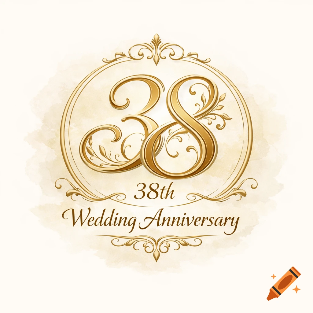 Golden ornamental logo featuring the number 38 and text '38th Wedding Anniversary' in a decorative frame.