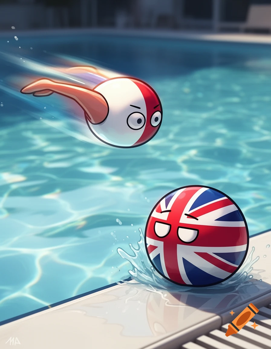 A cartoon Polandball with motion blur dives into a swimming pool towards a splashing UKball.