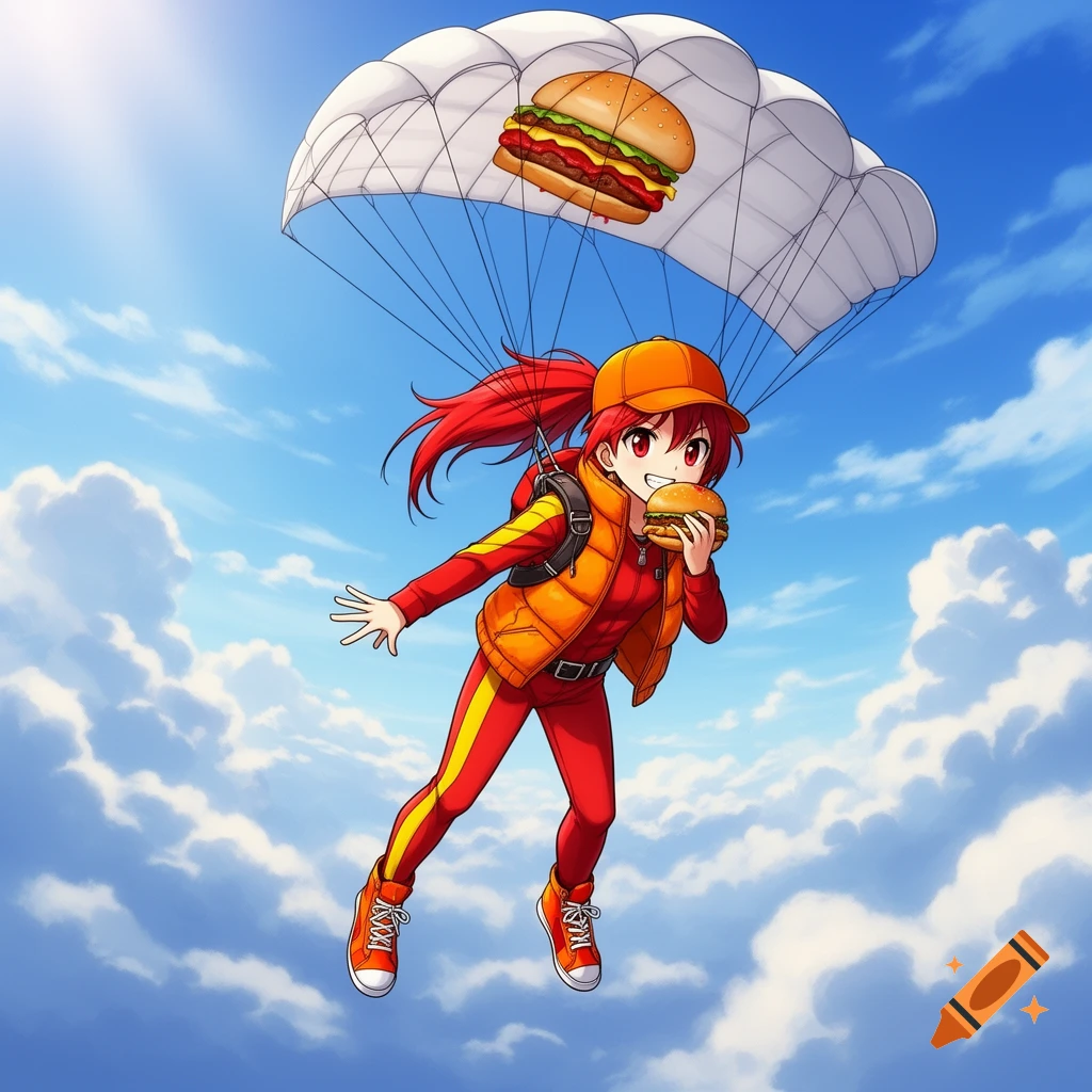 Anime girl with red hair, in an orange vest and red and yellow suit, parachutes through a blue sky, eating a burger. A large burger is also on her white parachute.