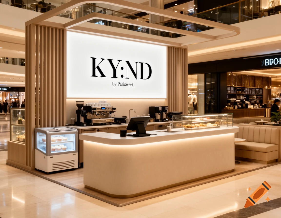 A modern KY:ND by Parisweet coffee kiosk with a counter, espresso machine, pastry display, and seating in a luxury mall.