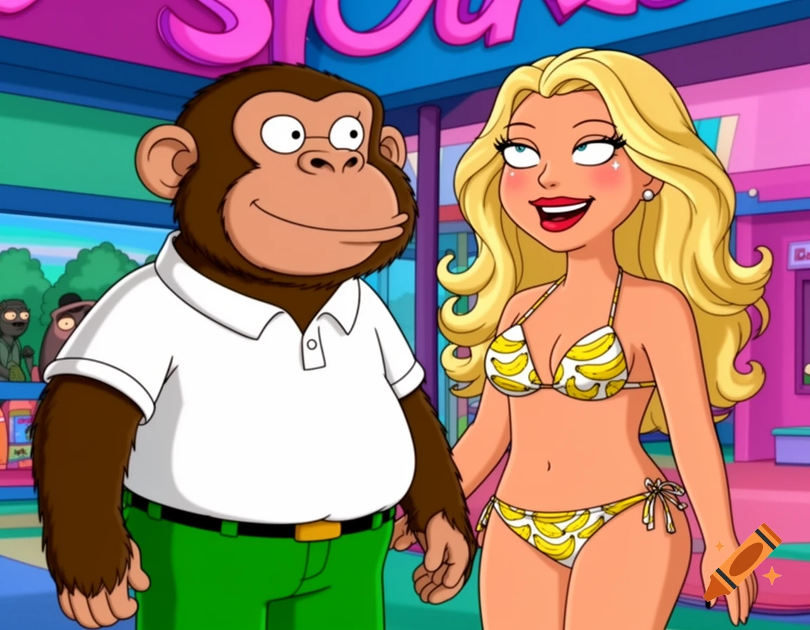 A cartoon chimpanzee in a white polo shirt and green pants stands next to a blonde woman in a banana-patterned bikini, mimicking the Family Guy animation style.