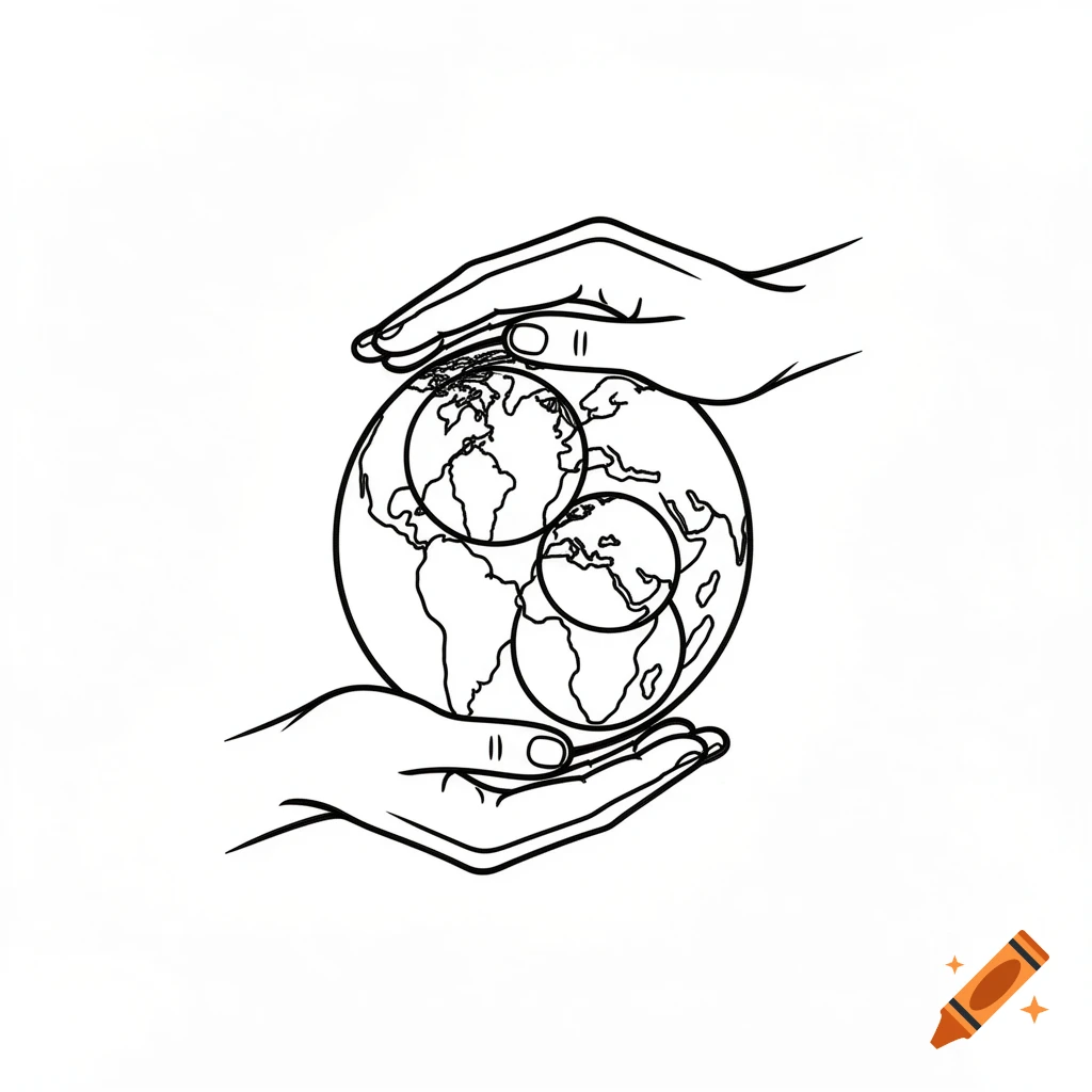 Outline drawing of two hands holding a globe that contains two smaller globes.