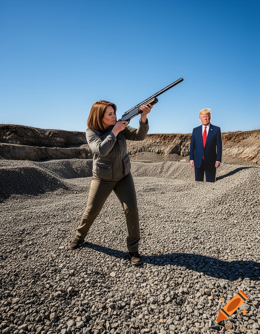 A woman aims a shotgun at a cardboard cutout of Donald Trump in a gravel pit under a clear blue sky.