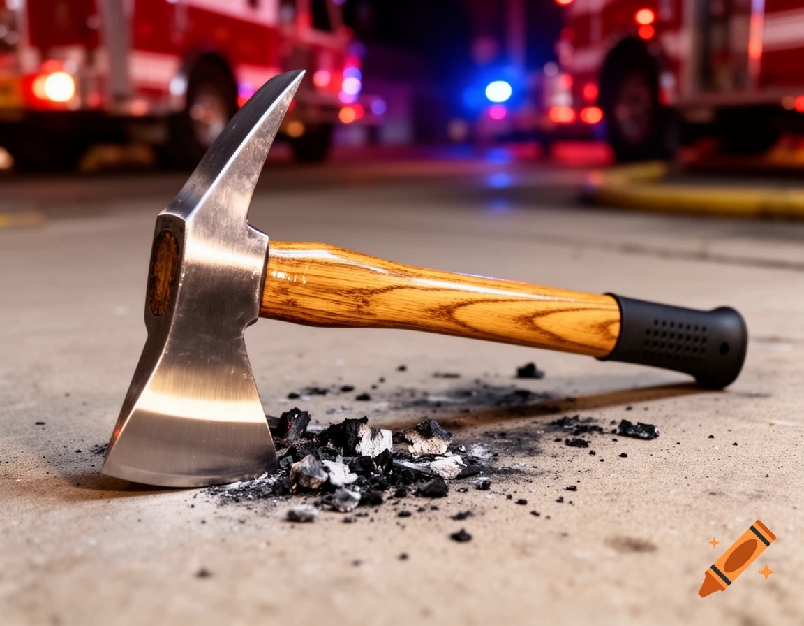 Photorealistic fireman's axe on concrete with ash, fire trucks with flashing lights blurred in background.