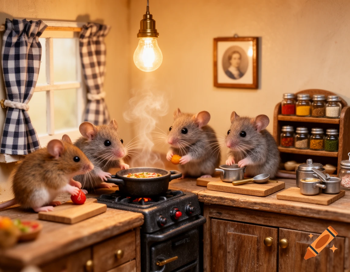 Four photorealistic mice cook in a miniature kitchen, one stirring a pot while others hold food items.