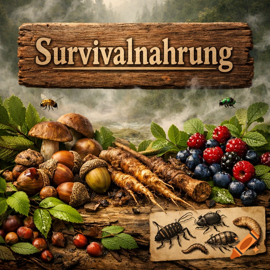 Photorealistic image of survival food: wild mushrooms, nuts, roots, and berries on a wooden surface, with 'Survivalnahrung' sign and insect drawings. Misty forest background.