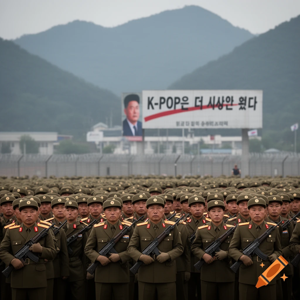 Photorealistic image of many North Korean soldiers in formation with rifles, a billboard in the background says 'K-POP' and shows a portrait.