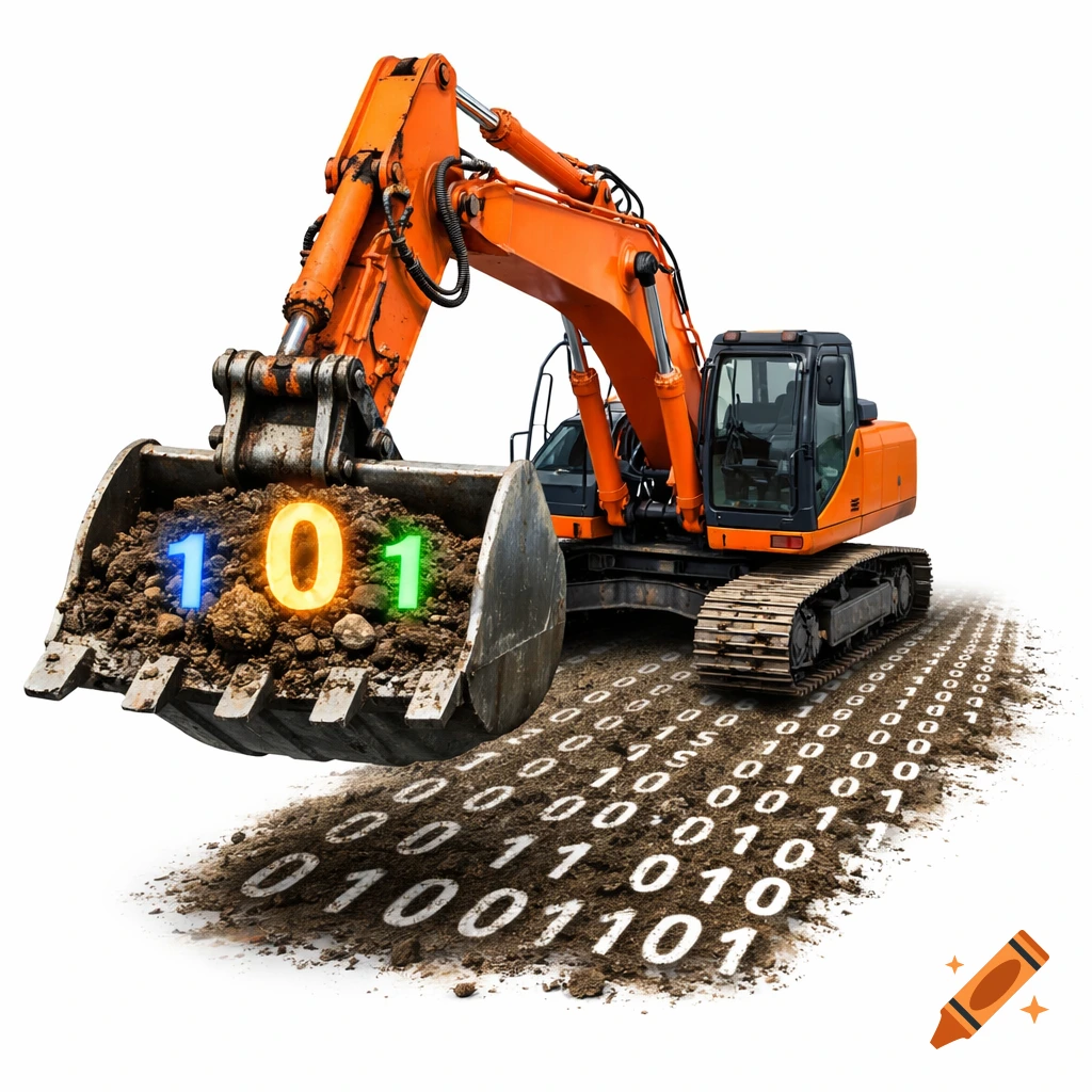 A photorealistic orange excavator with a bucket full of dirt holding glowing blue 1, yellow 0, and green 1 digits, leaving binary code tracks on a white background.