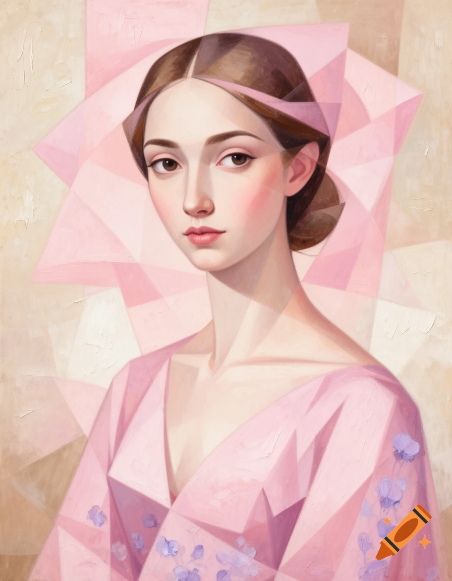 Cubist portrait of a young woman with brown hair, wearing a pink dress with geometric patterns.