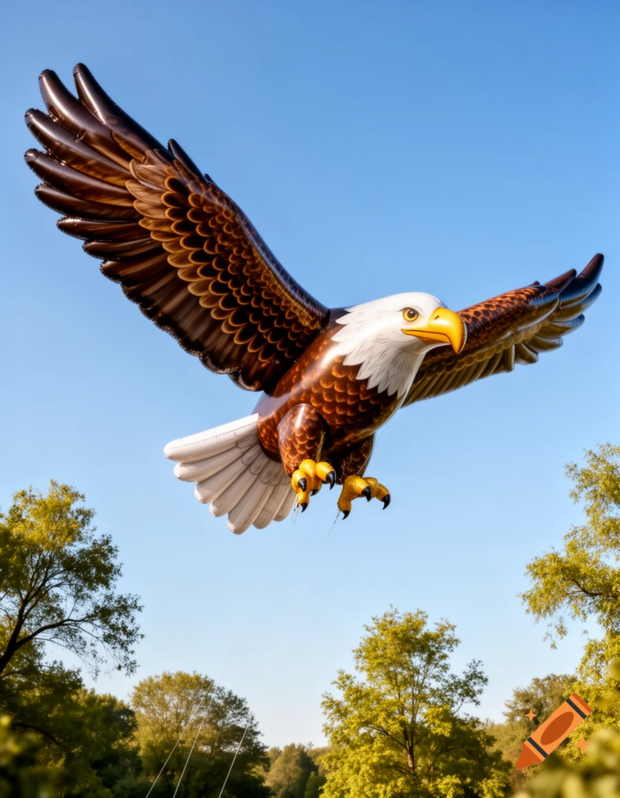 A large brown and white inflatable eagle balloon with outstretched wings soars against a clear blue sky over green trees.
