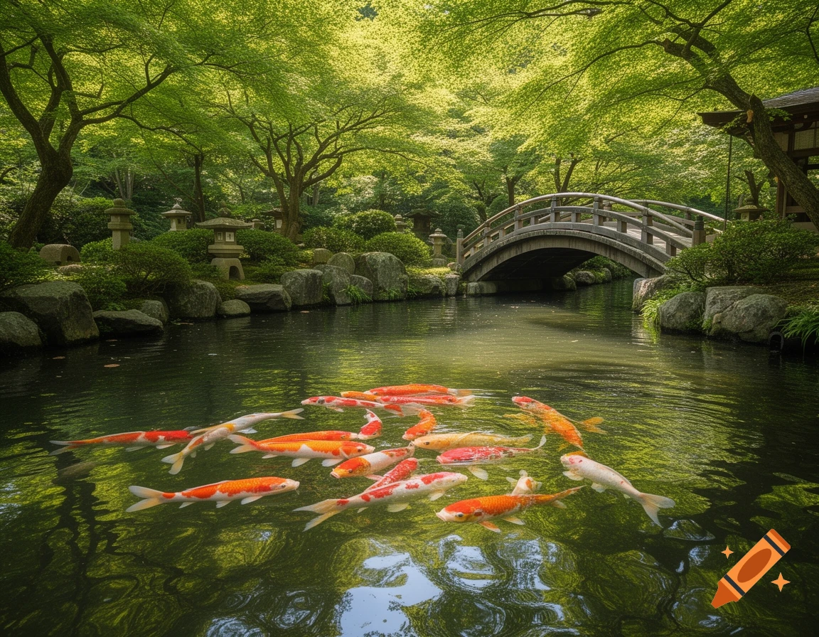 A serene Japanese garden with a traditional wooden bridge over a pond filled with vibrant orange and white koi fish, lush green trees.