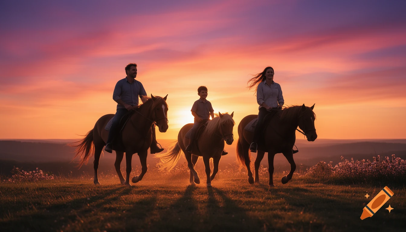 A man, child, and woman ride horses across a field, silhouetted against a vibrant orange and purple sunset.