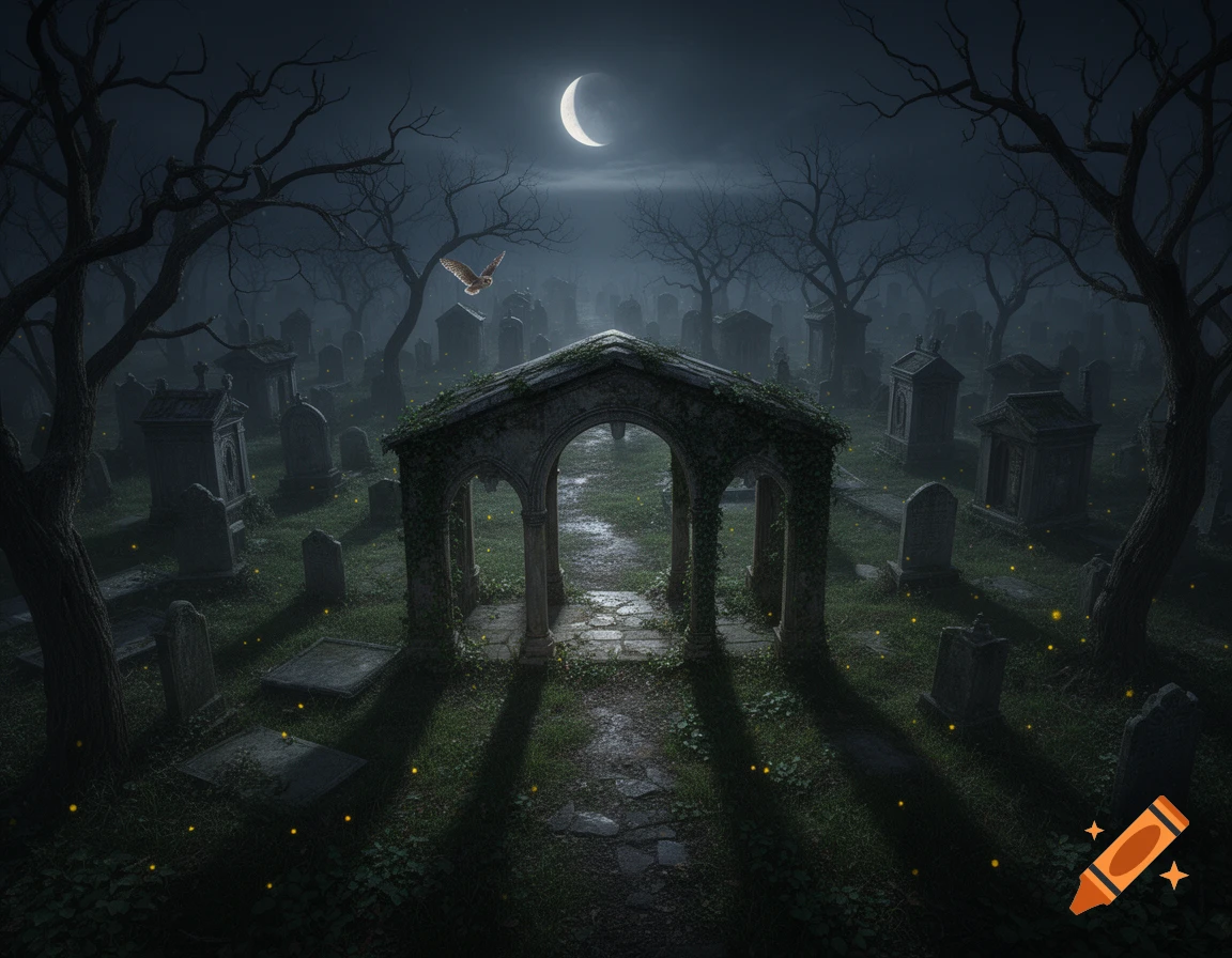 A moonlit fantasy graveyard at night with an owl flying over an archway, surrounded by eerie trees and glowing fireflies.