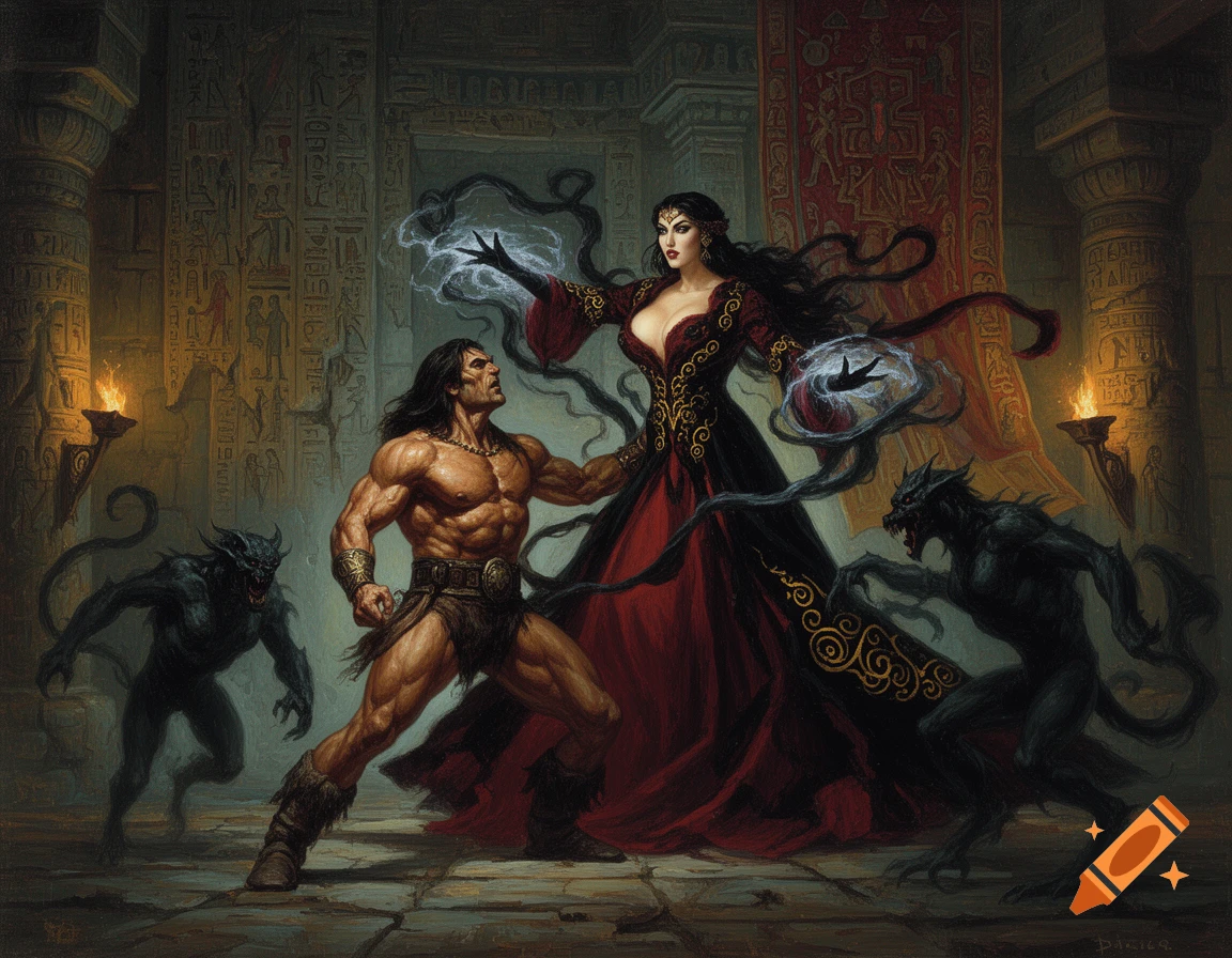 Frazettaesque oil painting of Conan battling a sorceress and her demons in an ancient Stygian palace.