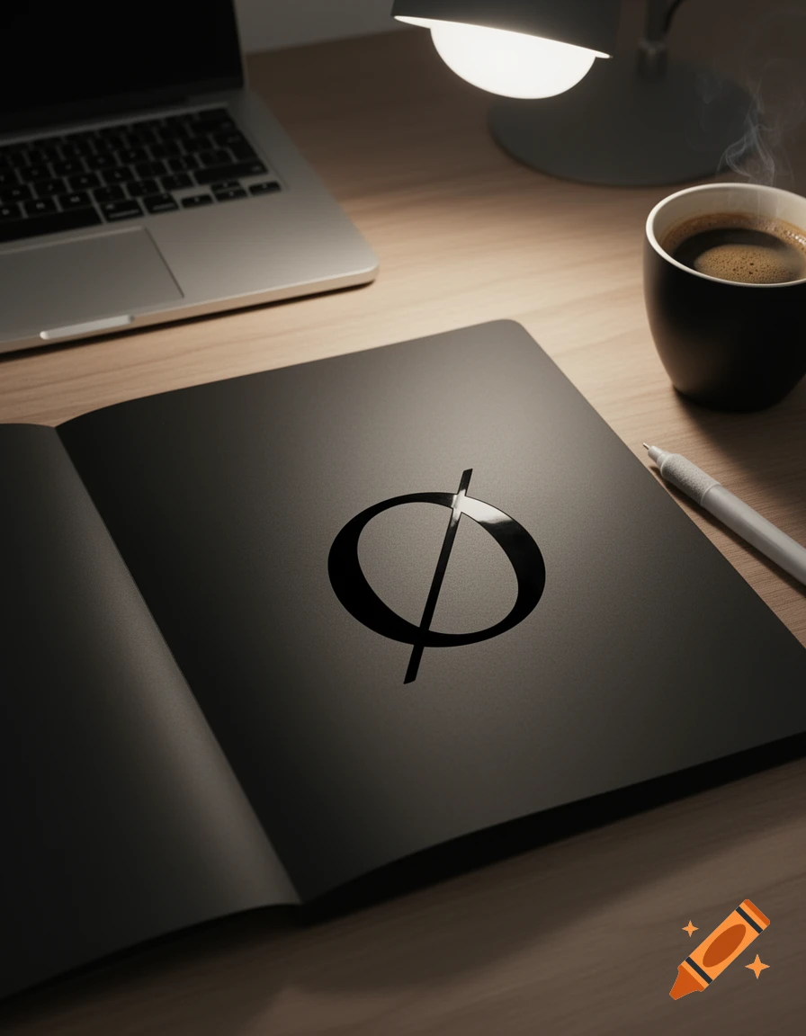 Photorealistic view of a wooden desk with a laptop, an open notebook displaying a symbol, a steaming cup of coffee, and a lamp.