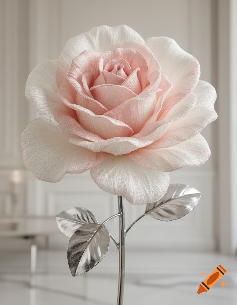 A large, elegant artificial rose with delicate pink and white fabric petals, silver stem, and silver leaves, in a bright luxurious room.