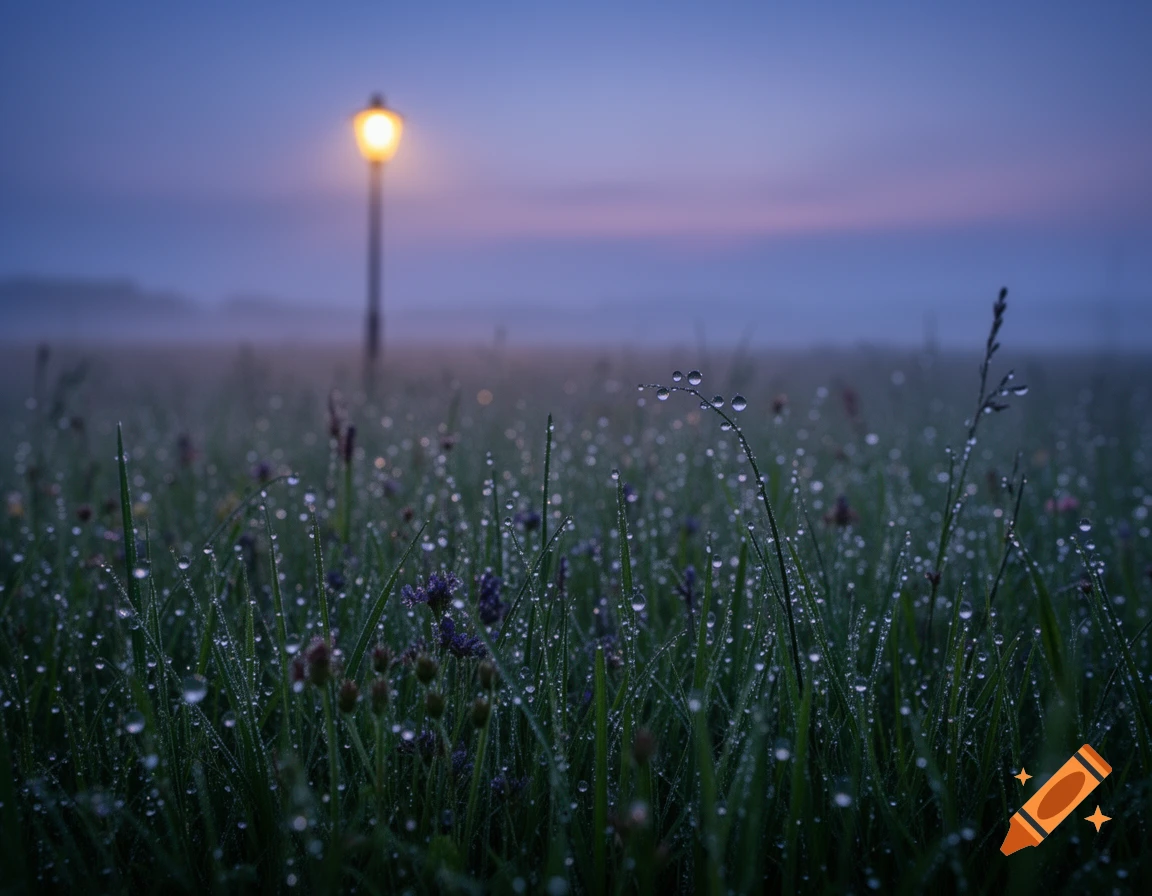 Close-up of dewy grass with a glowing street lamp in the background at twilight.