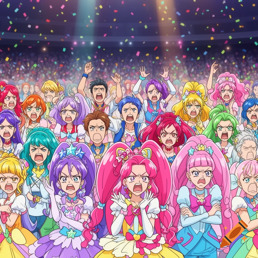 A large anime crowd of magical girls and men with colorful hair booing angrily under falling confetti.