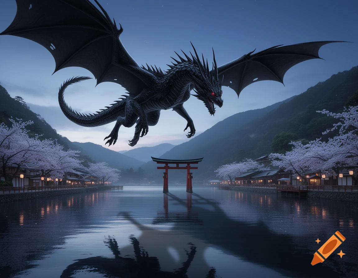 A black dragon with red eyes flies over a tranquil Japanese village with a torii gate, cherry blossoms, and buildings.