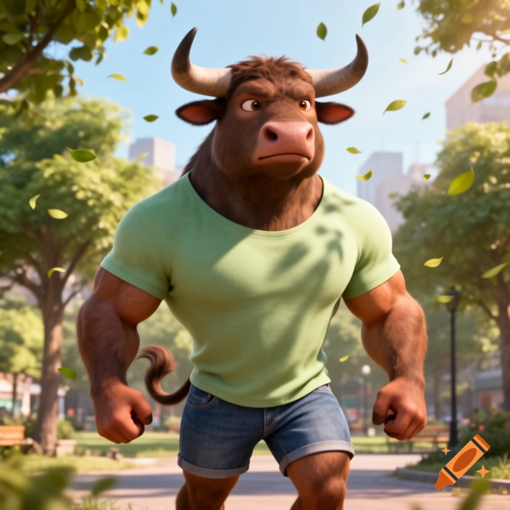 A buff, brown, anthropomorphic bull in a green shirt and denim shorts walks in a sunny park with falling leaves, 3D animation.