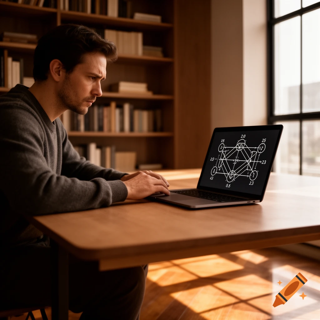 A man in a grey sweater intently types on a laptop displaying a complex diagram, seated at a desk in a room with a bookshelf.
