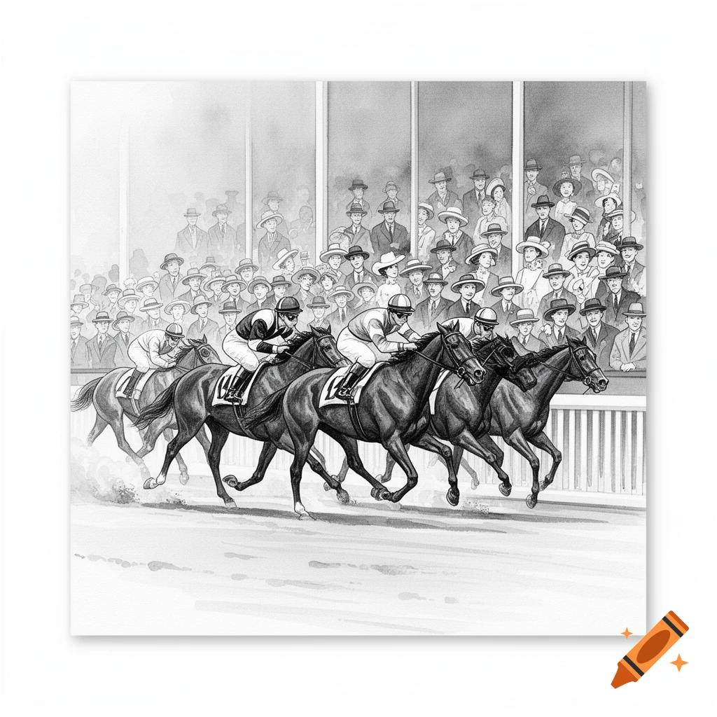A black and white watercolor illustration depicting a horse race with jockeys and horses running, with a crowd of spectators in hats watching from the stands.