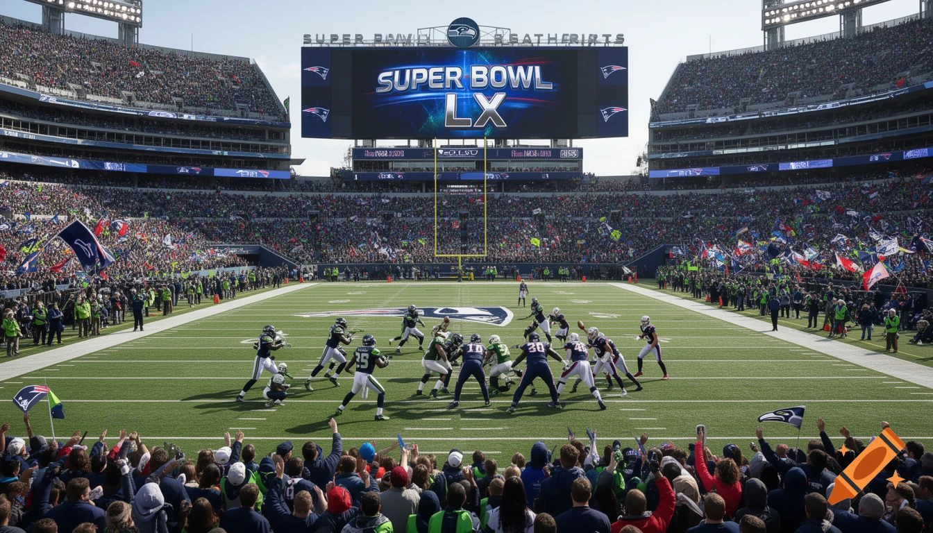 A wide view of a crowded football stadium during a Super Bowl game, with players on the field and a large jumbotron displaying 'SUPER BOWL LX'.