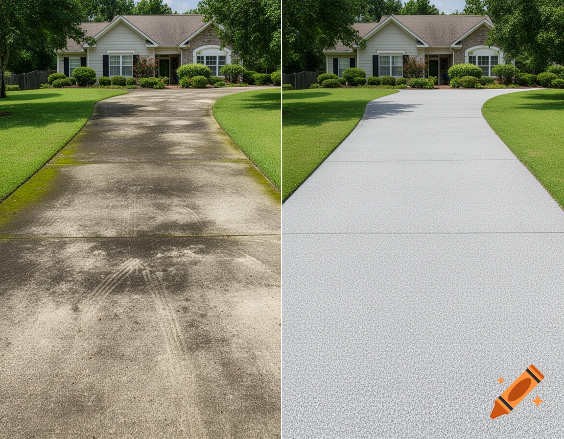 Photorealistic before-and-after shows a dirty concrete driveway on the left and a freshly pressure washed, clean driveway on the right, in front of a suburban home.