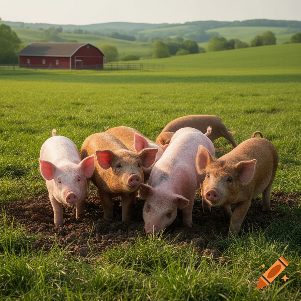 Several pink and brown piglets root in a muddy patch in a green field with a red barn and rolling hills in the background.