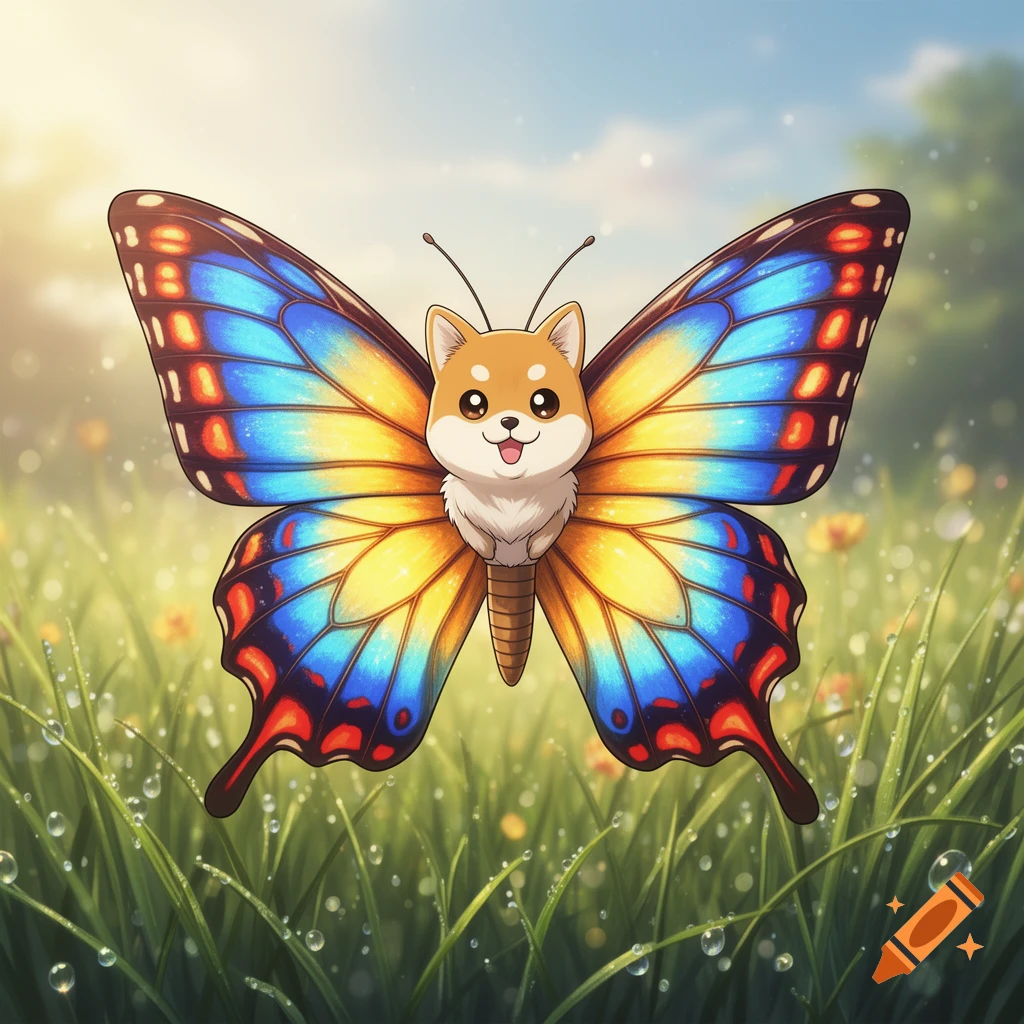 A cute cartoon Shiba Inu head on a colorful butterfly body flies over a grassy field with dew drops.