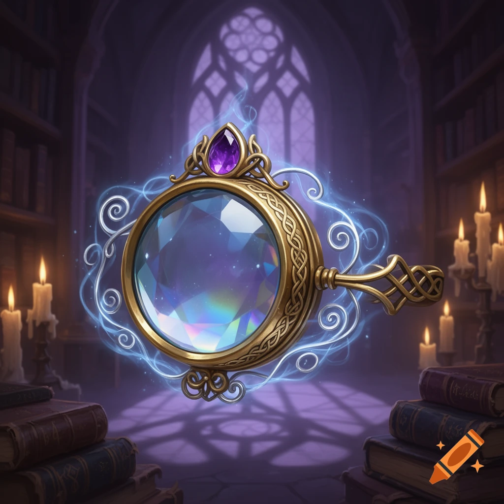 An ornate golden monocle with a faceted crystal lens, purple gem, and blue magical energy, floats in a dimly lit fantasy library.