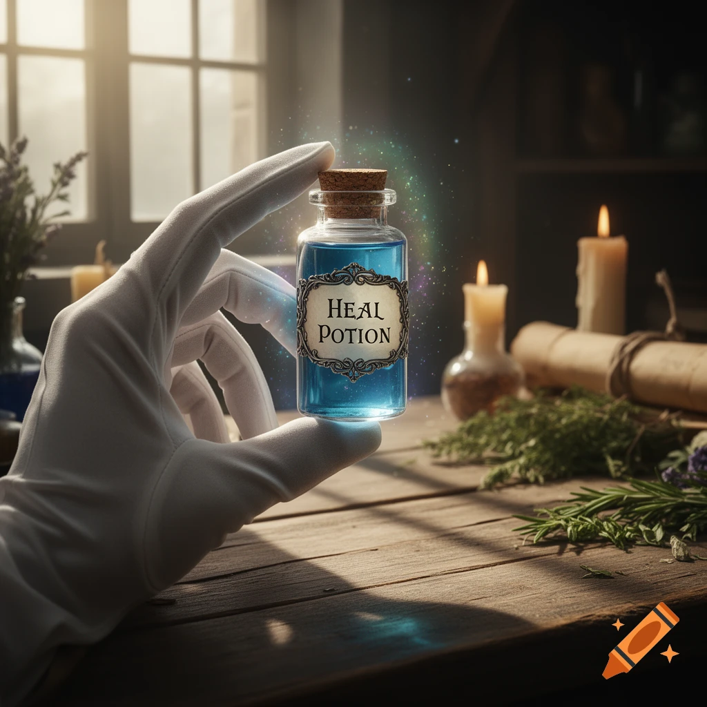 A gloved hand holds a glowing blue potion bottle labeled "HEAL POTION" in a dimly lit, rustic room with candles and herbs.