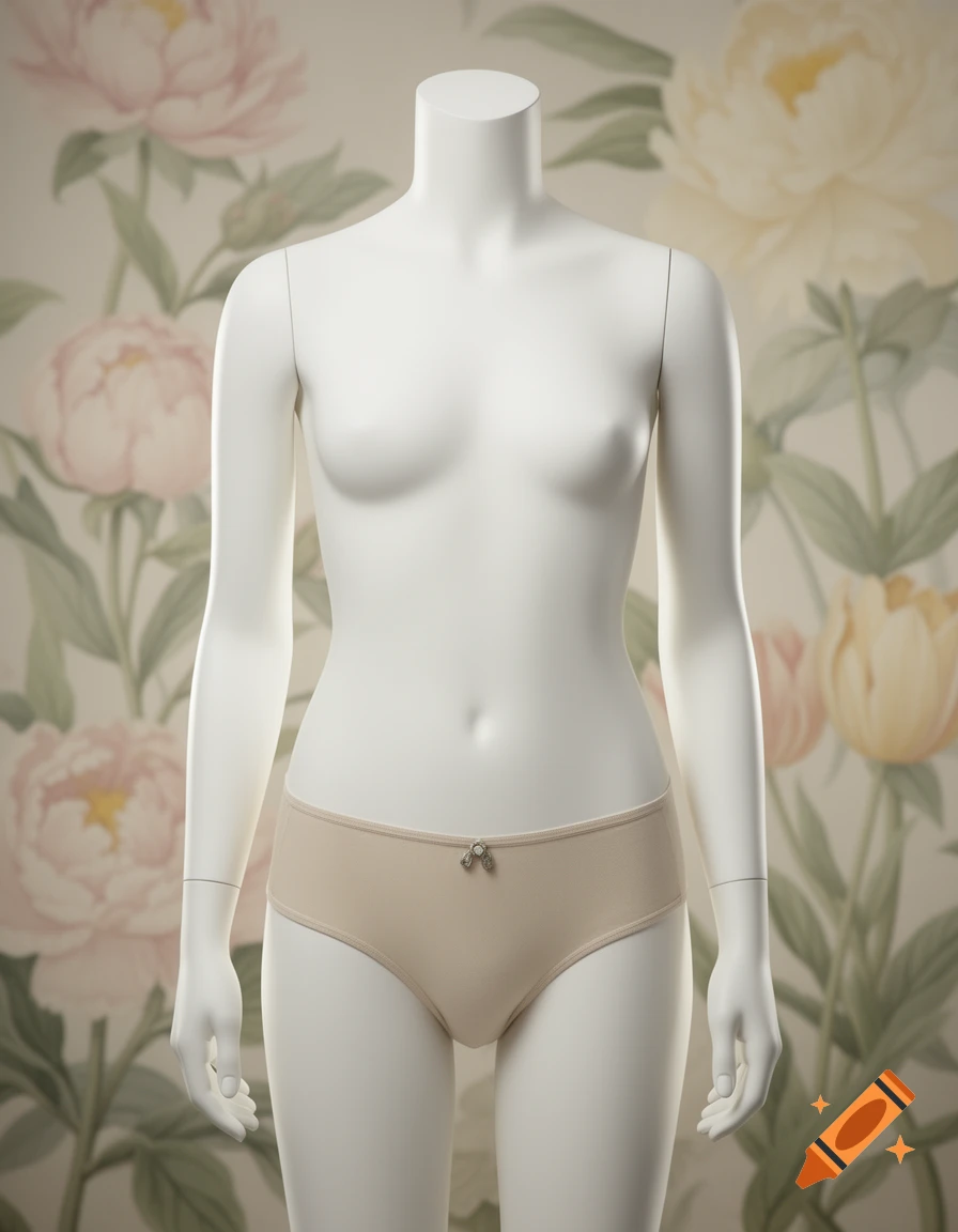 Photorealistic image of a white display mannequin wearing beige underwear with a small bow, against a soft, blurred floral background.
