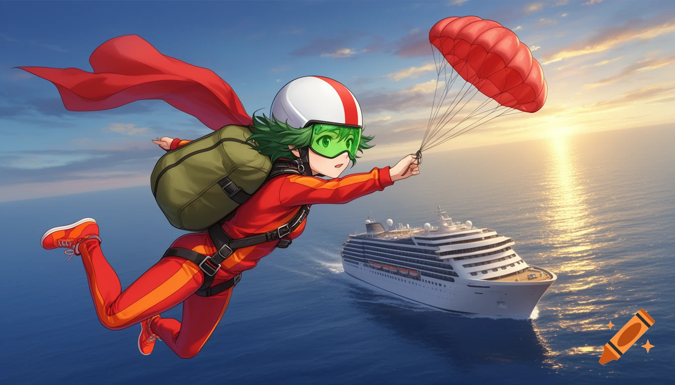 Anime girl in red and orange suit skydives with a red parachute above a cruise ship at sunset.