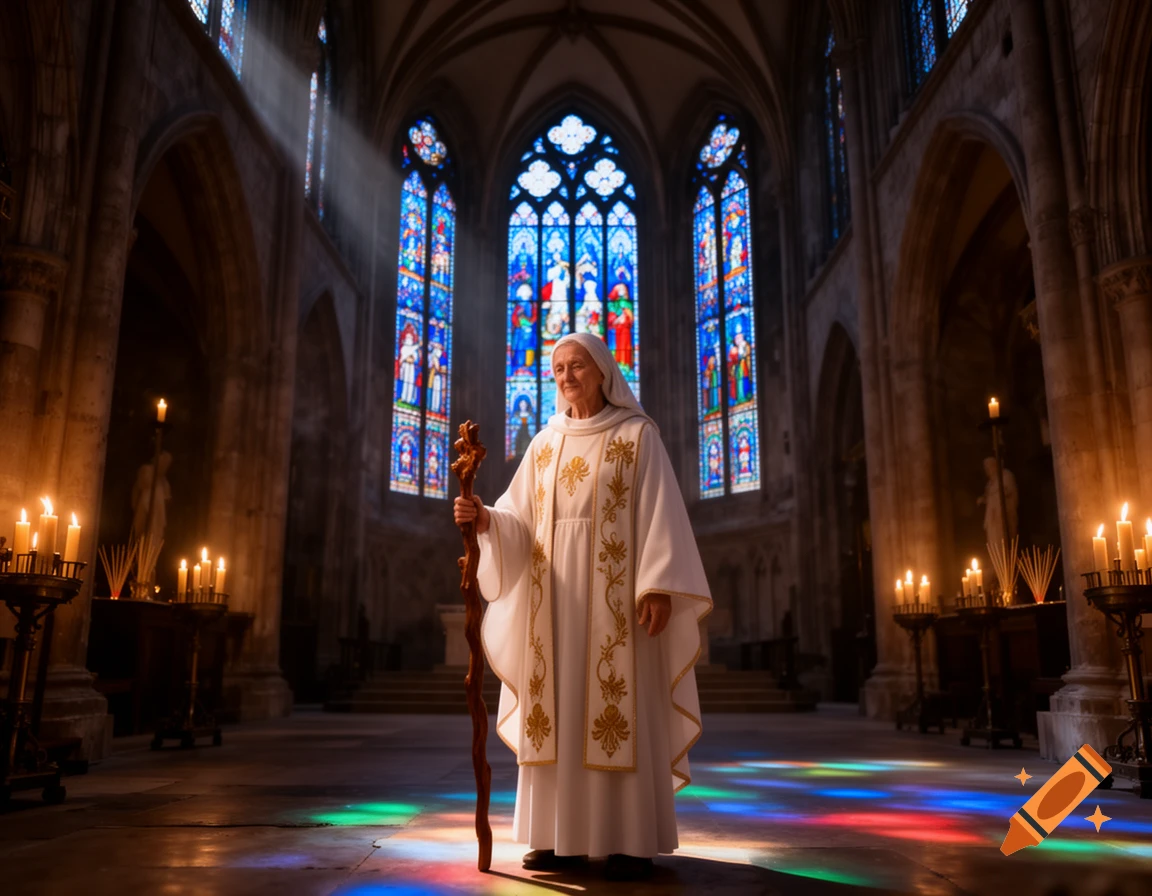An elderly woman in white religious robes with gold trim, holding a staff, stands in a majestic cathedral illuminated by stained glass.
