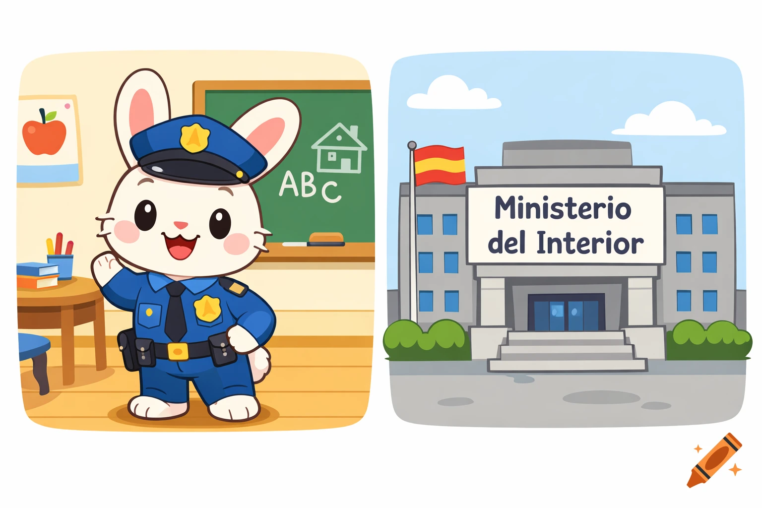 A friendly cartoon rabbit police officer waves in a classroom, next to a government building with a "Ministerio del Interior" sign and a Spanish flag.