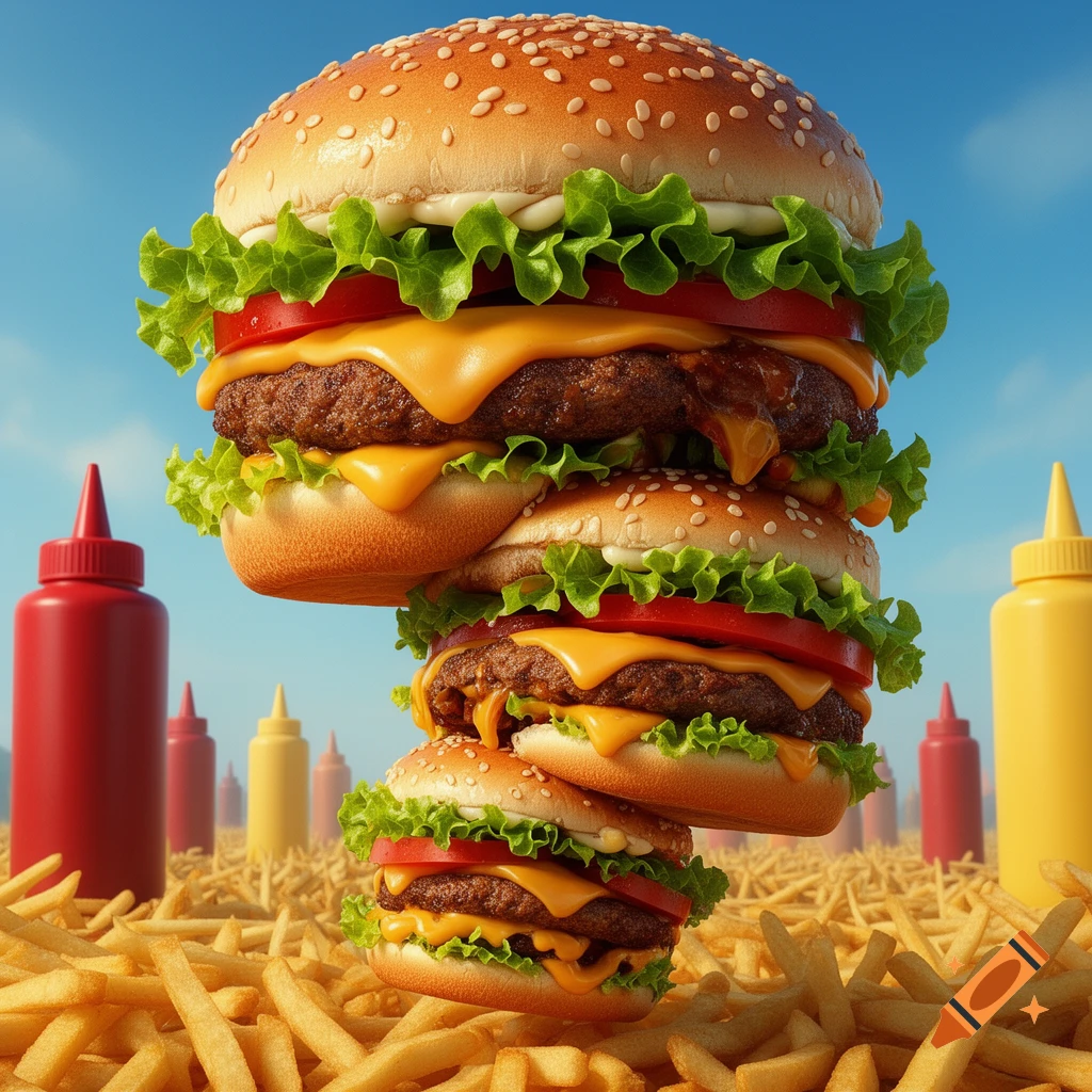 A towering stack of cheeseburgers with lettuce and tomato, surrounded by golden french fries and condiment bottles against a blue sky.