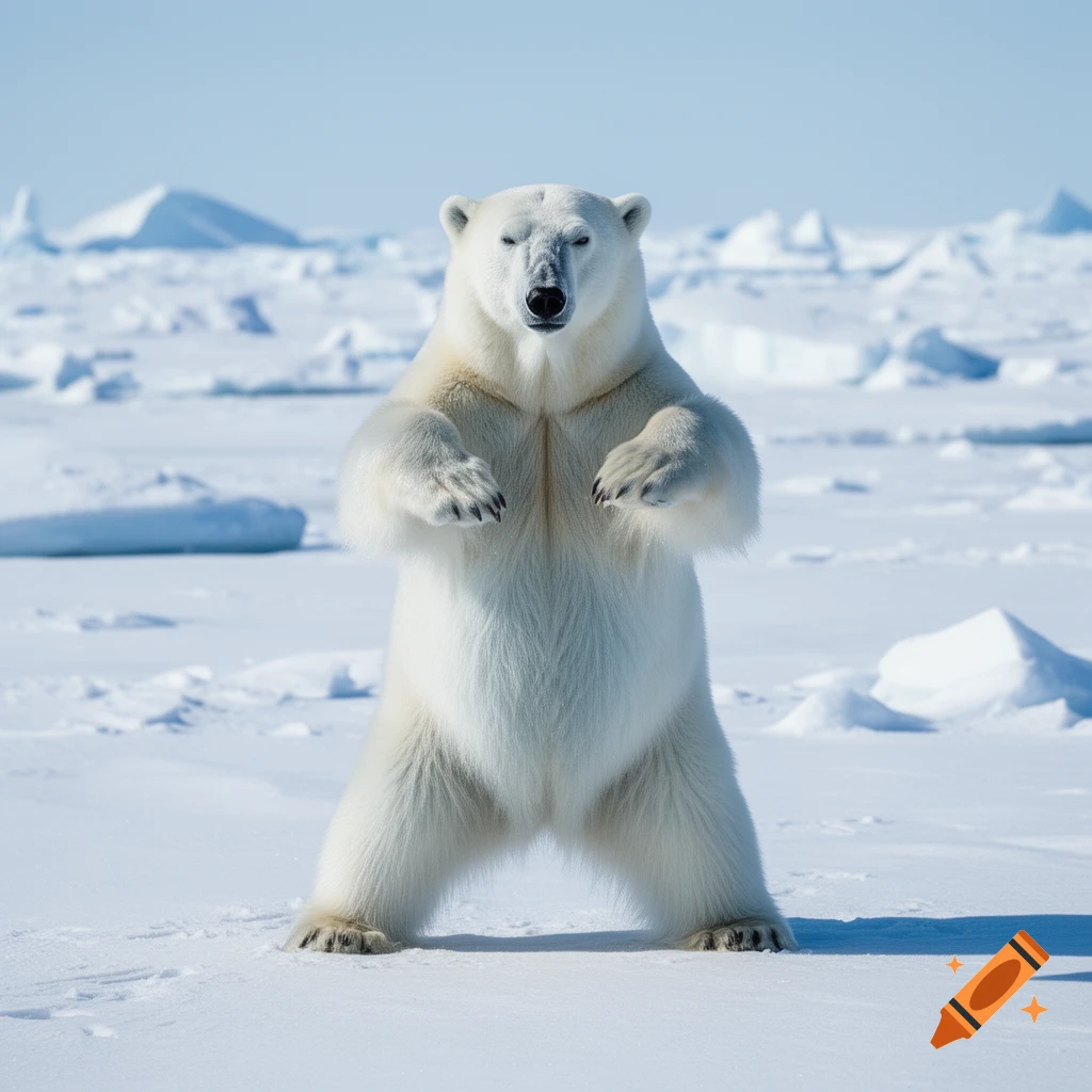 A photorealistic polar bear stands on its hind legs in a vast, icy arctic landscape.