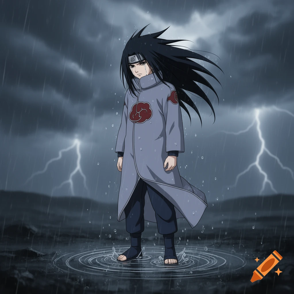 An anime character with black spiky hair and a grey robe with a red ...