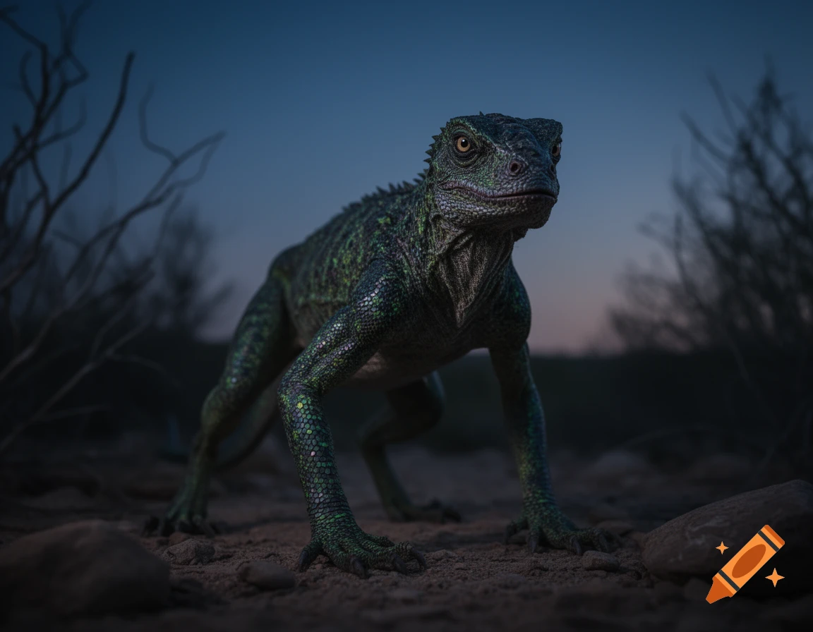 Photorealistic reptilian chupacabra standing on all fours on rocky ground at dusk, with sparse brush in the background.