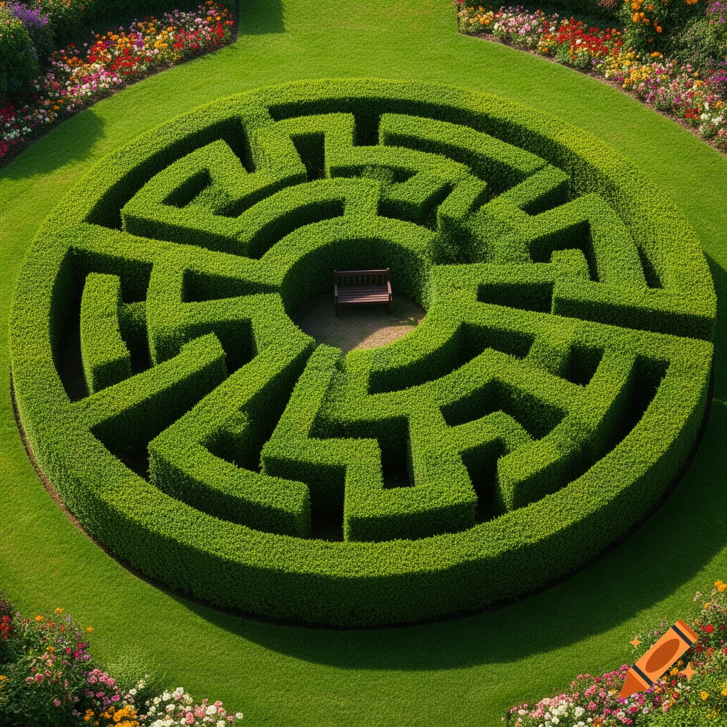 Aerial view of a circular hedge maze with a wooden bench in the center, surrounded by green lawn and colorful flower beds.