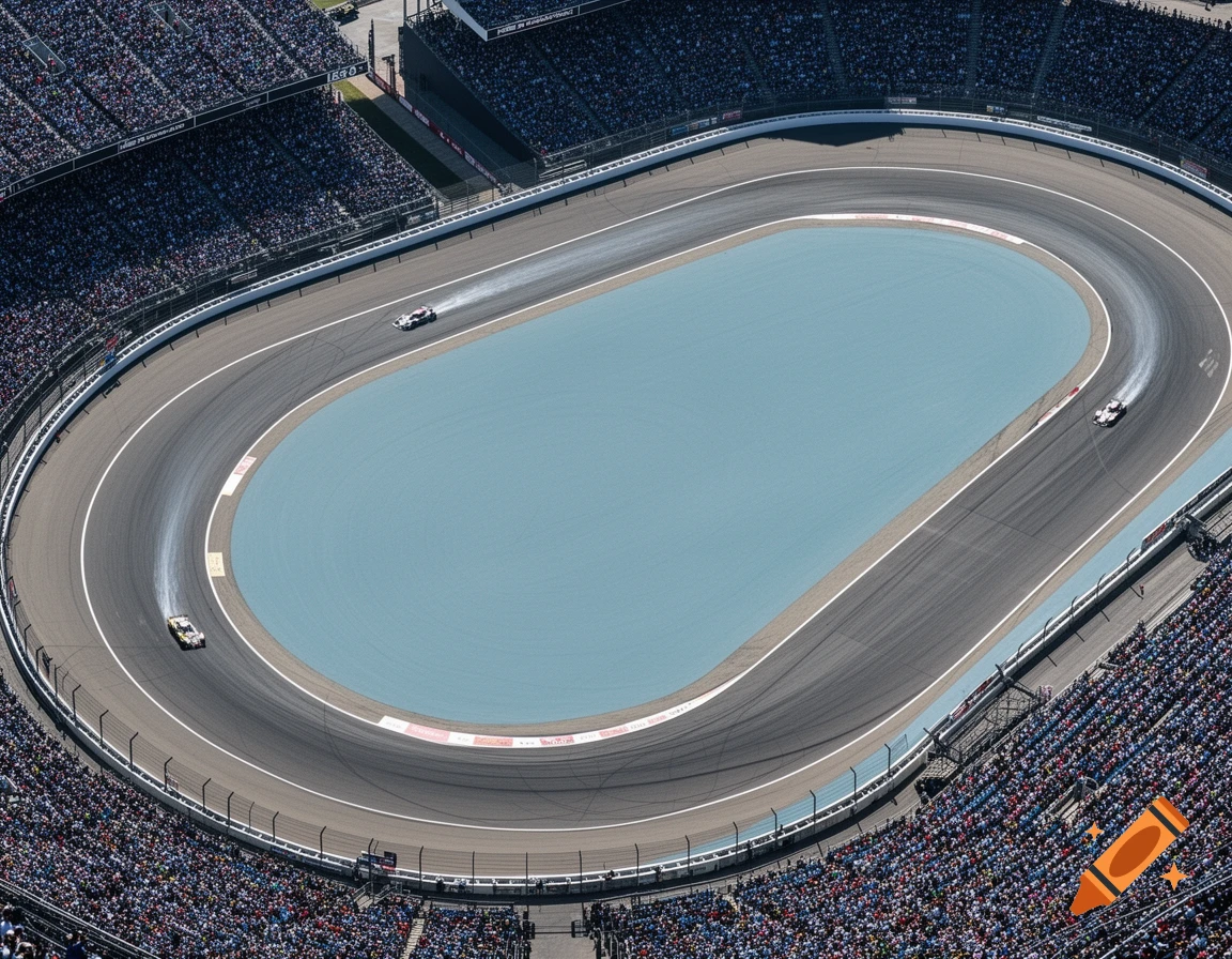An aerial view of a race track with several cars driving on it, surrounded by crowds in the grandstands under a clear sky.