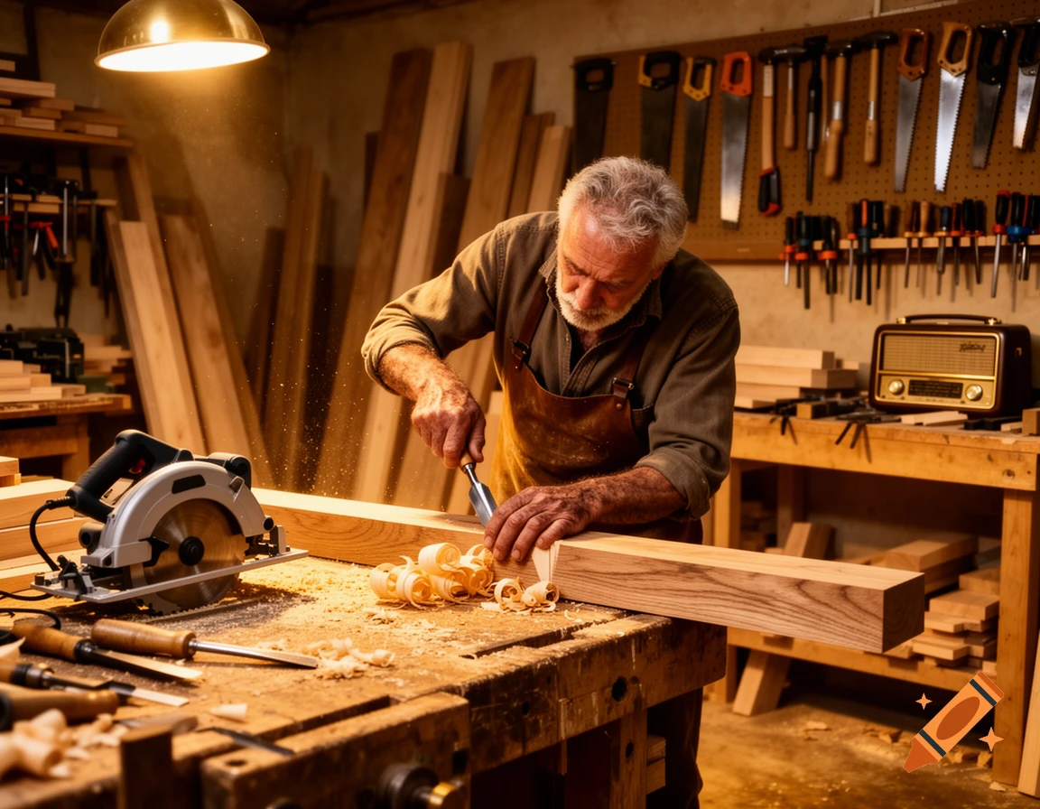 An older man with a white beard chisels wood in a dimly lit carpentry workshop with tools and a circular saw.