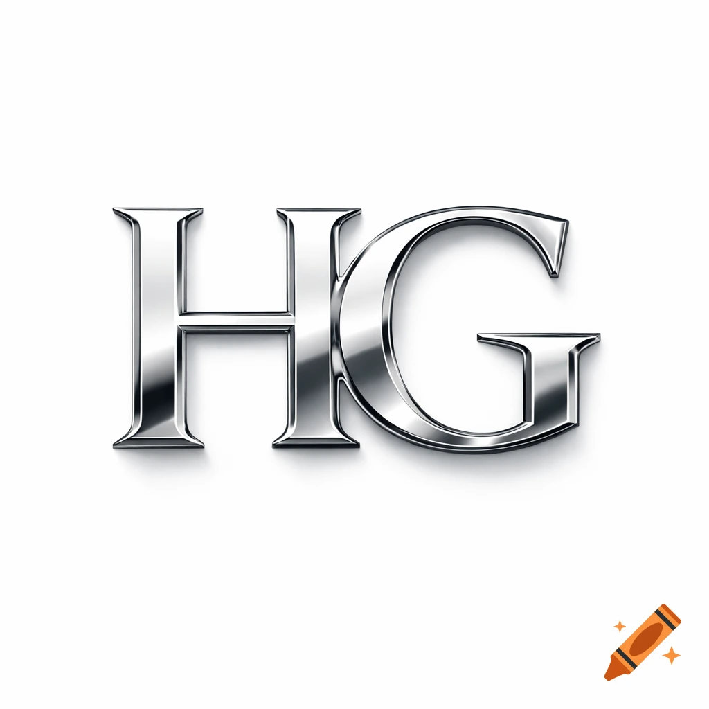 Silver 3D rendering of the letters H and G, with reflections and shadows, on a white background.