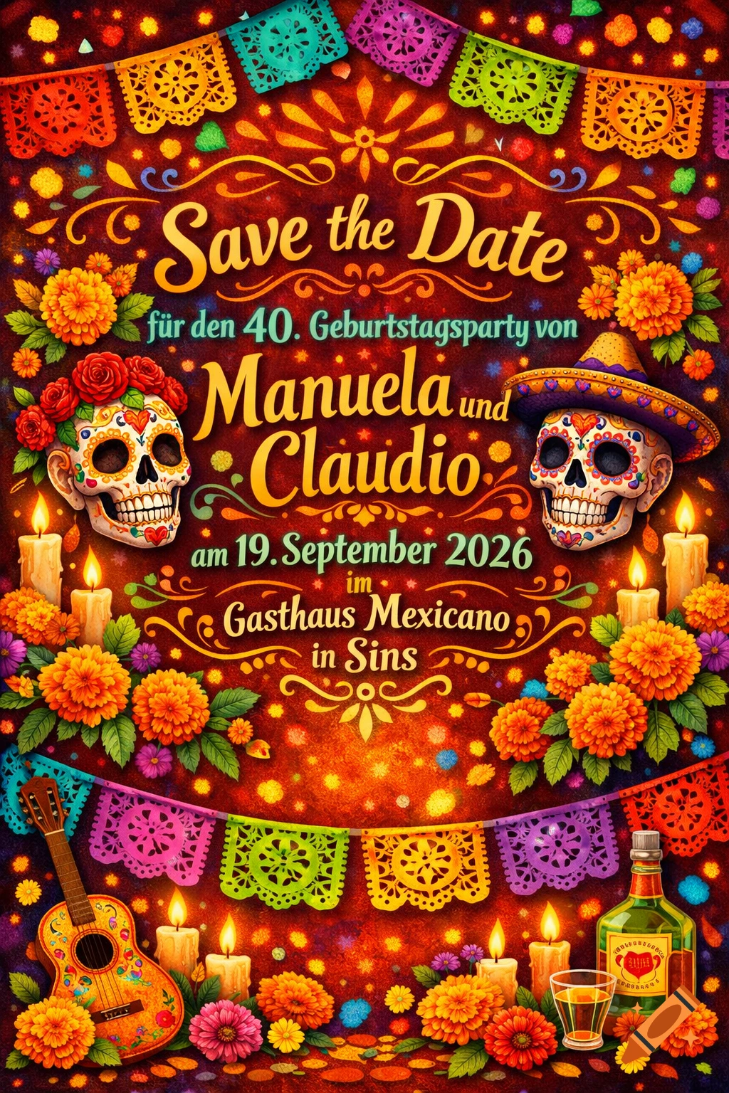 Vibrant Dia de los Muertos invitation featuring sugar skulls, marigolds, candles, and colorful banners. Announces a 40th birthday.