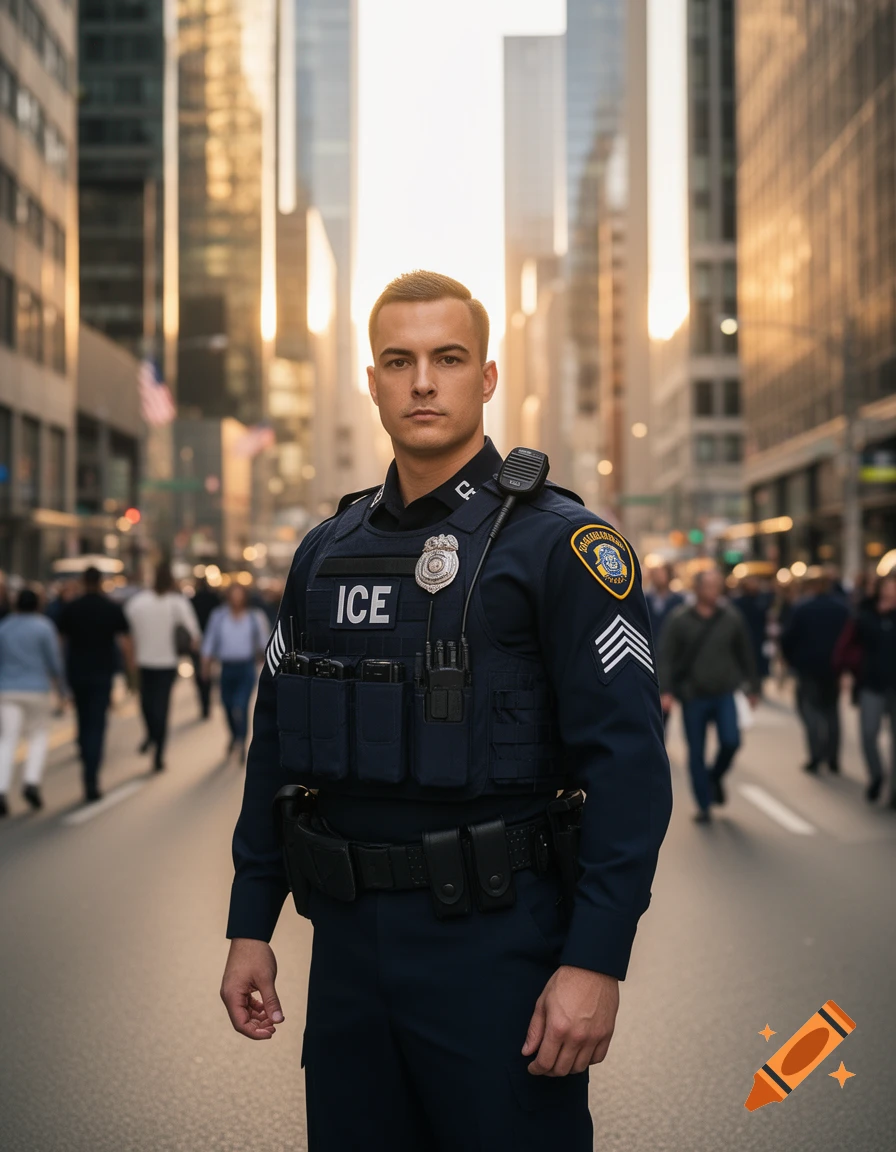 A photorealistic image of a male ICE officer standing on a city street with tall buildings and blurred people in the background at sunset.