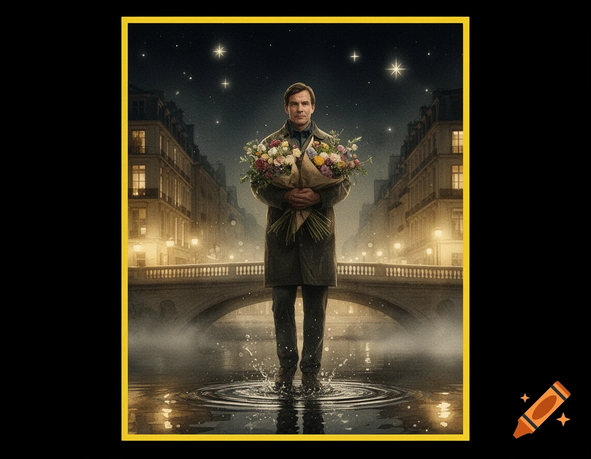 Cinematic portrait of a man holding a large bouquet of flowers, standing in rippling water under a city bridge at night with glowing buildings.