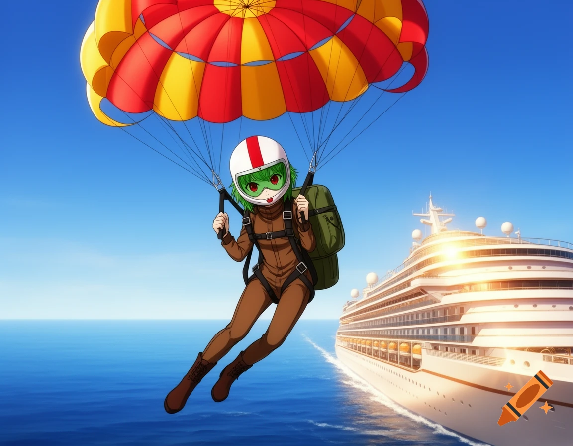 Anime girl with green hair and a white helmet parachutes with a red and yellow chute over the ocean, a large cruise ship visible in the background.